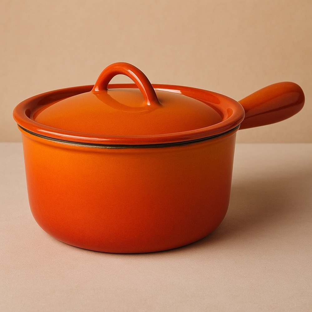 Vintage Descoware Belgium Enameled Cast Iron Saucepan w/ Lid Flame Orange 1 Qt